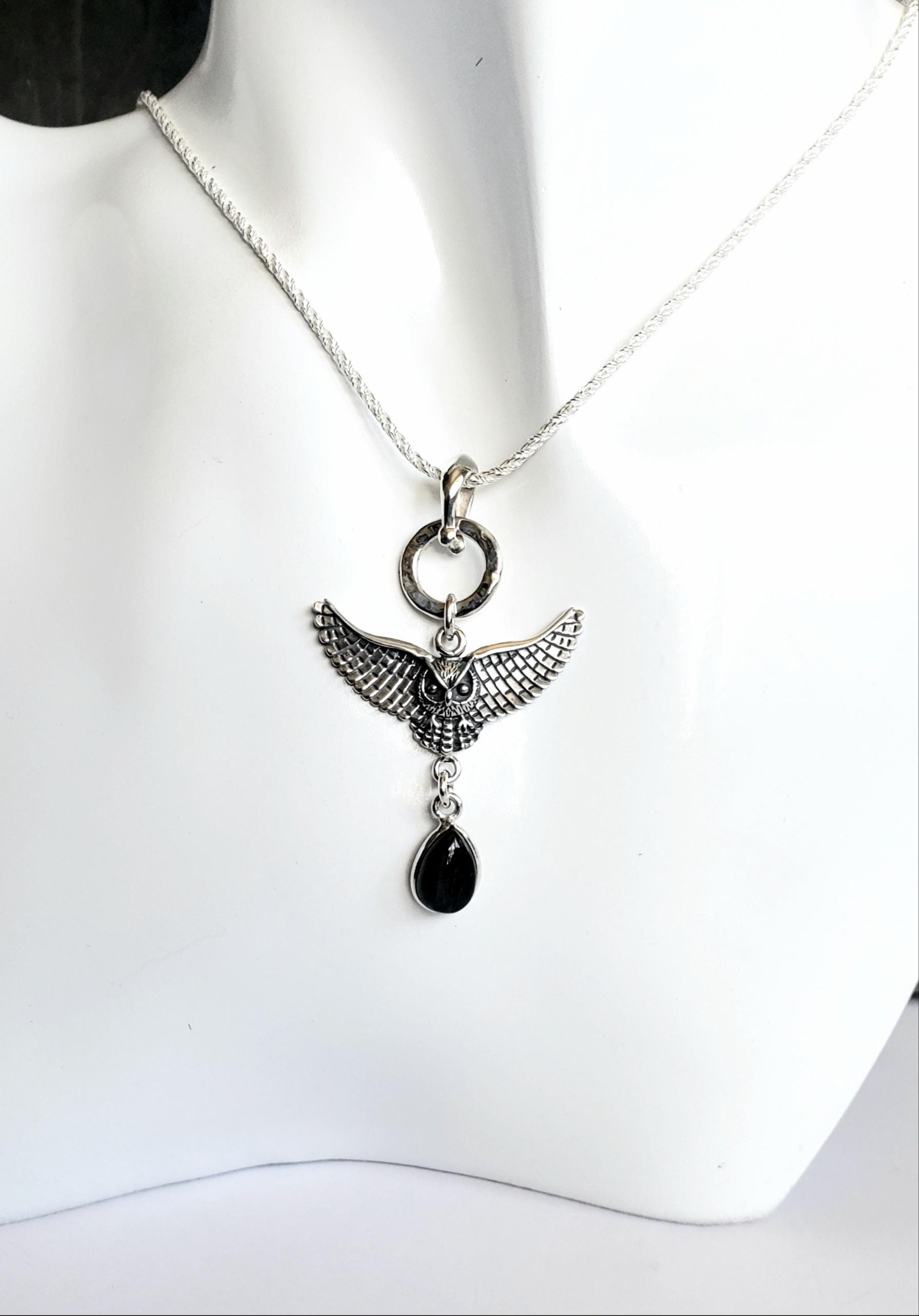 Hallmarked Statement Sterling Silver Owl ans Labradorite Pendant on 18" Chain
