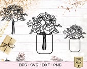 Mason jar SVG with flower bouquet svg, Floral bouquet svg with peony and daisy. Flowers in a vase. Flower jar eps vector and png cut file.