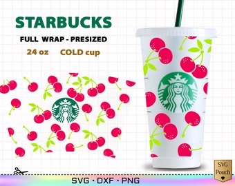 Cherry Starbucks cup pre-sized SVG cut file full wrap, Berry fruit 24 oz Starbucks wrap svg cold cup