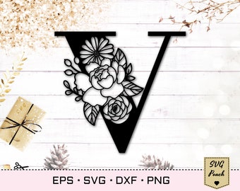 Floral letter V svg, Flower V font svg, Floral letters svg, Monogram font svg, Floral alphabet svg, Initial svg, Floral monogram svg