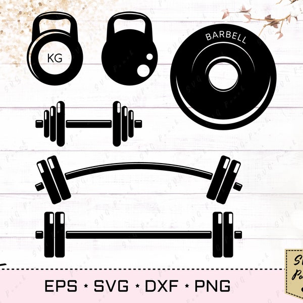 Dumbbell SVG set, dumbbells clipart, dumbbell silhouette png, kettlebell vector, workout equipment svg, barbell clipart, sport gym svg.