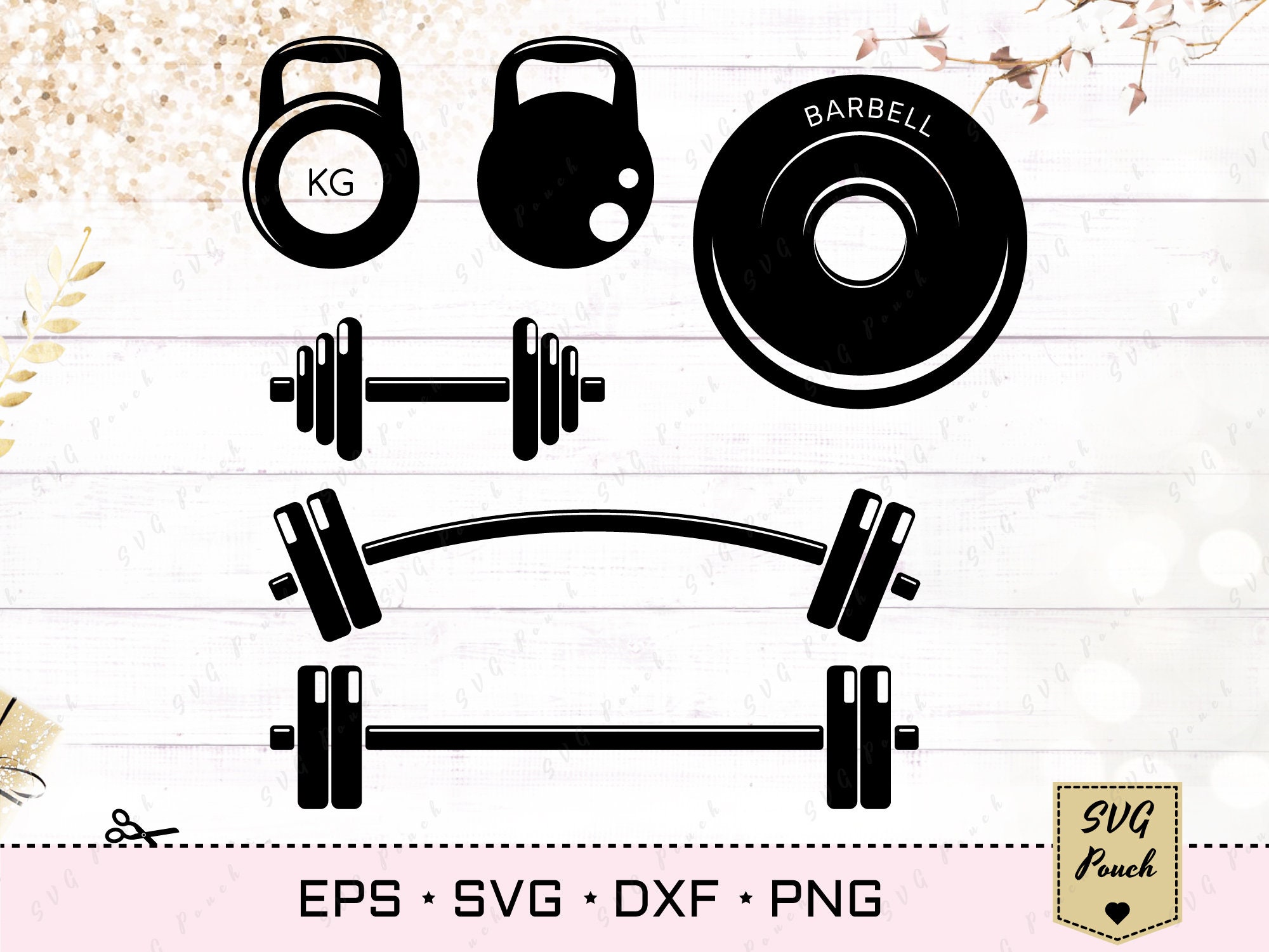 Dumbbell SVG set, dumbbells clipart, dumbbell silhouette png, kettlebell vector, workout equipment svg, barbell clipart, sport gym svg.
