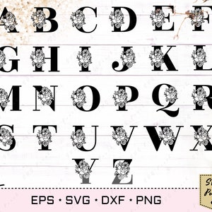 Paquete floral con alfabeto floral de la A a la Z. Ramo de flores con alfabeto botánico. Letras florales SVG, fuente monograma SVG, inicial del alfabeto floral SVG.