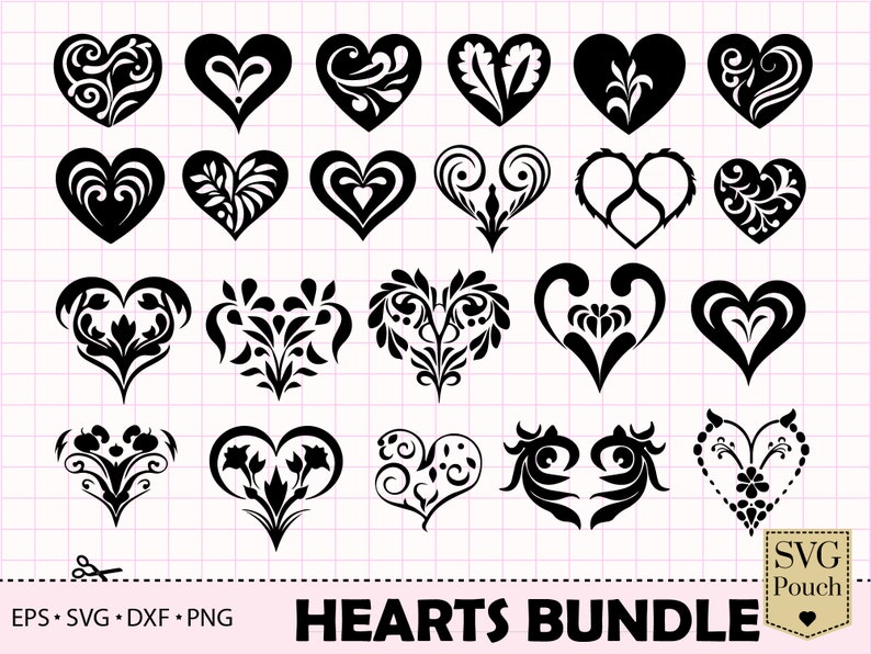 Bundle svg coeur noir, fichier de coupe clipart svg carte amour Saint-Valentin. Coeur décoratif fleur png, svg cricut, vecteur image 1