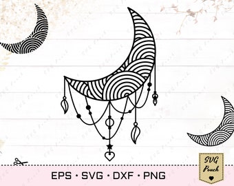 Crescent moon svg, Moon svg, Mandala moon SVG cut file. Decorative zentangle boho moon svg set