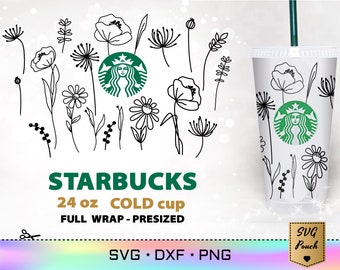 Starbucks cup SVG Wildflowers pre-sized cut file full wrap, Florals and plants 24 oz Starbucks wrap svg cold cup