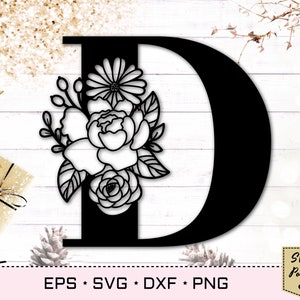 Letra floral D svg, fuente de flor D svg, letras florales svg, fuente de monograma svg, alfabeto floral svg, svg inicial, monograma floral svg