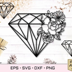 Diamonds with Floral composition svg, Flower diamond svg, Floral brilliant svg with peony. Diamond svg, Flower eps vector and png cut file.