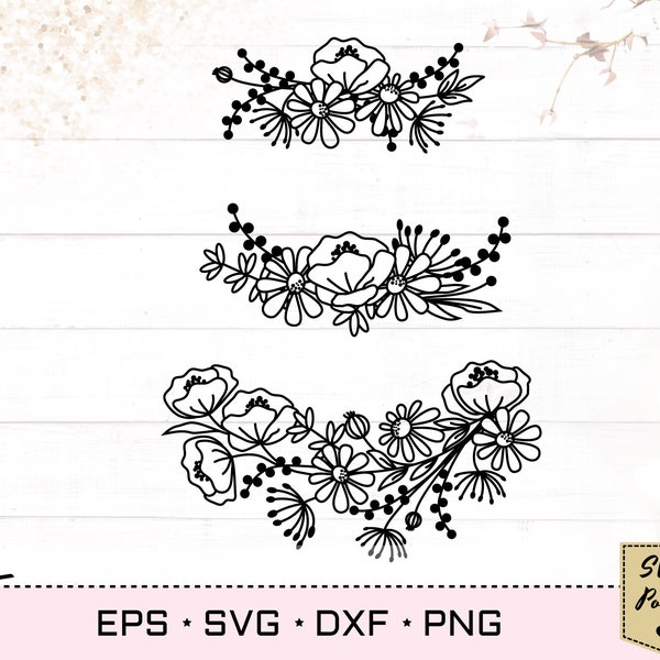 Wildflower wreath florals SVG, wild meadow flowers border svg art for t-shirt application