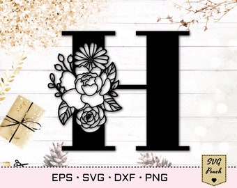 Lettre florale H svg, Flower H police svg, Floral letters svg, Monogram police svg, Floral alphabet svg, Initial svg, Floral monogram svg