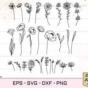 Ensemble SVG de plantes de fleurs sauvages, lot d'art svg fleurs de prairie sauvage pour les fichiers de coupe de conception de t-shirt/carte