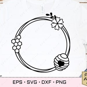 Honey bee monogram frame set of 4 svg, circle honey frame svg file, floral frame svg. image 2