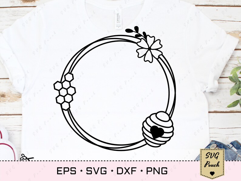 Honey bee monogram frame set of 4 svg, circle honey frame svg file, floral frame svg. image 2