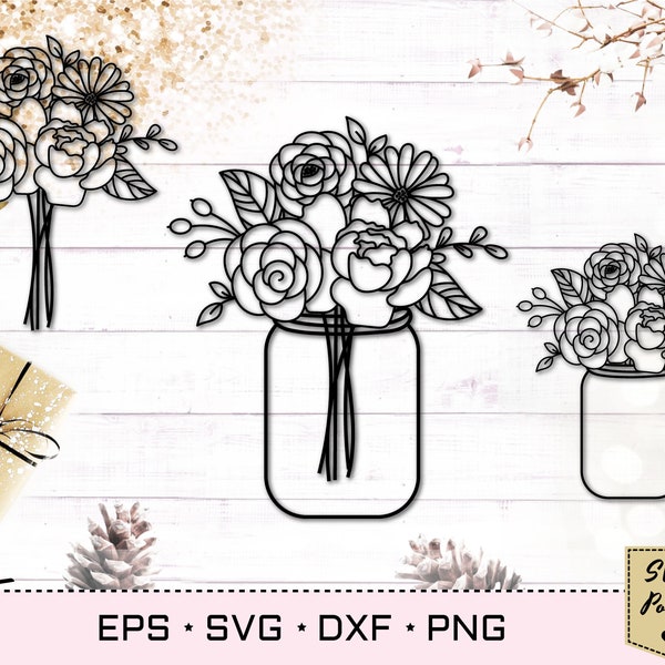 Mason jar SVG with flower bouquet svg, Floral bouquet svg with peony and daisy. Flowers in a vase. Flower jar eps vector and png cut file.