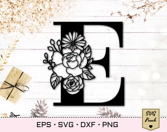 Floral letter E svg, Flower E font letter svg, Monogram font svg, Floral initial monogram svg