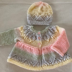 Baby , 0-3 Months, Cardigan and Hat Set, multi-color, Hand Knit - Vintage Pattern Inspired, READY TO SHIP