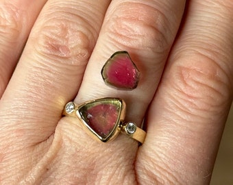 Choose your size - Diamond and watermelon tourmaline ring - unique handmade 14k gold - MADE TO ORDER