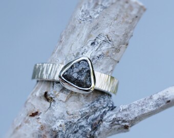 Rough grey diamond ring, unique raw diamond ring in silver with a grey/black diamond