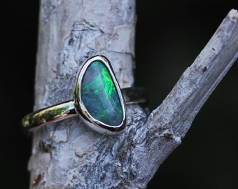 Blue Green opal ring, handmade silver ring, opal jewelry, handmade opal ring, unique opal with a blue and green pattern // Size 6