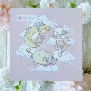 May include: A pink background with three cartoon characters, a yellow and blue creature, a pink and white creature, and a yellow and white creature, all floating on clouds with stars and sparkles.