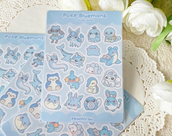May include: A sheet of blue and white stickers featuring cartoon illustrations of various Pokemon characters. The stickers are labeled "Poké Bluemons" and "Peachirou".