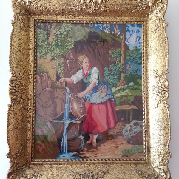 Madchen am Brunnen - Girl at the well Original Wiehler Gobelin Handmade