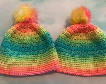 Rainbow striped girls Hat, girls winter hat, fur pompon hat, neon bright hat, retro stripe hat