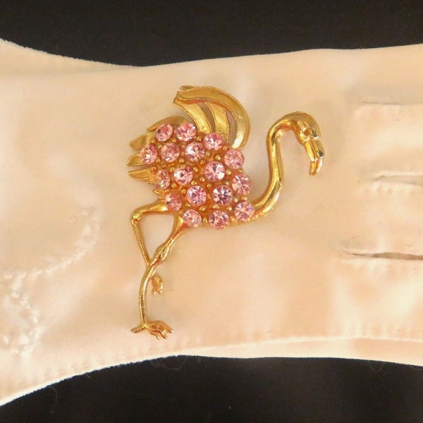 Vintage Thelma DEUTSCH Pink Rhinestone Flamingo Brooch, Large Signed Gold Tone, RARE Signed Bird Pin, 1980s Designer Crystal Sparkle (P240)