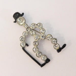 Clear Rhinestone Black Top Hat & Cane Charlie Chaplan Man Brooch, Enamel Shoes, Crystal Sparkle Dapper Dancer, Roaring 20s, Large Pin (H994)