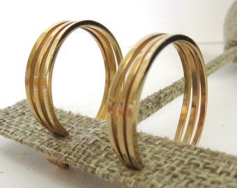 Vintage A&Z Gold-Filled Triple Wire CLIP-ON Hoop Earrings, Signed 1/20 12K GF, 1 1/8 Inches, Quality Classic Designer Neutral (R531)