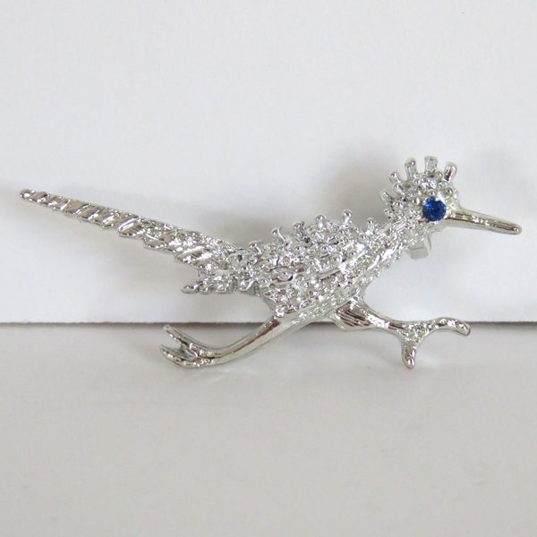 Vintage Silver-Tone Road Runner Bird Brooch with Blue Rhinestone Eye, Bright Texture, Cuckoo Family Southwest Accessory Gift (H943)