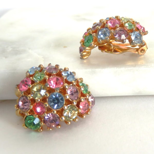 Vintage BOGOFF Multi Color Cluster CLIP-ON Earrings, Concave Gold Tone Metal, Designer Signed, Pastel Pink Blue Green Purple Crystal (R494)
