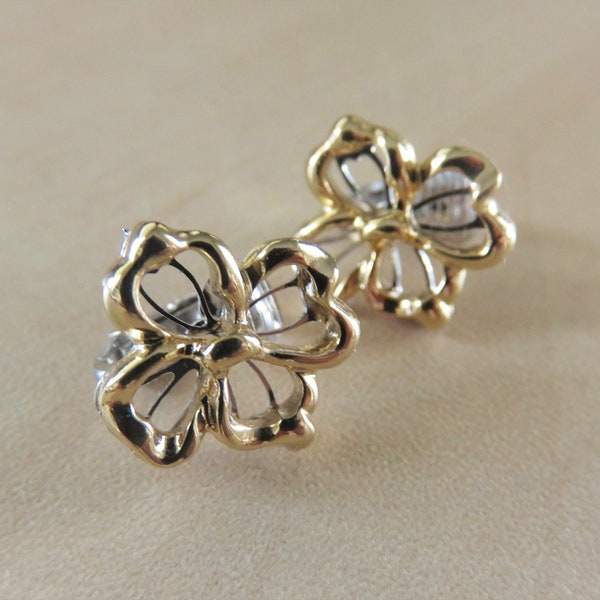 Vintage Gold & Silver Tone AVON Dogwood Flower CLIP-ON Earrings, Open Work Layered, Signed, Sweet Simple, 1981 Book Piece, Gift Her (R419)