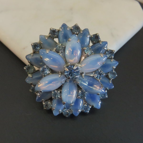 Vintage Blue Moon Glow Glass & Rhinestone Layered Floral Brooch, Silver Tone Prong Set 1960s Marquise Moonstone Flower Pin, Faux Opal (P264)