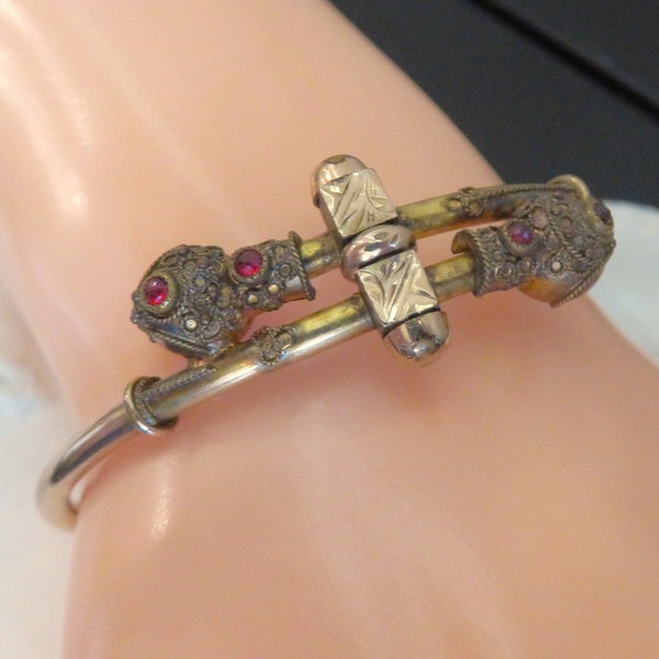 ANTIQUE Rolled Gold & Garnet Bypass Bangle Bracelet, Victorian Era, Hinged Expandable, Faceted Gemstone, Decorated Metal, Wedding (L282)