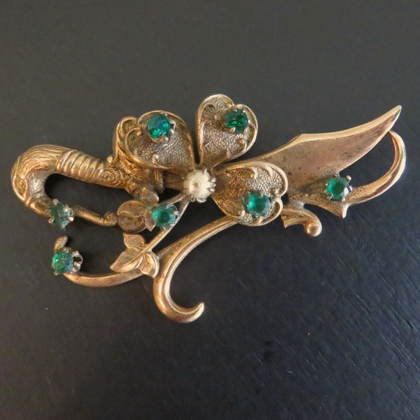 ANTIQUE Vintage Irish Sword Shamrock Bird Brooch, Green Rhinestone, Faux Pearl, Gold Tone Metal, Old Unique St. Patrick Unusual Pin (P225)