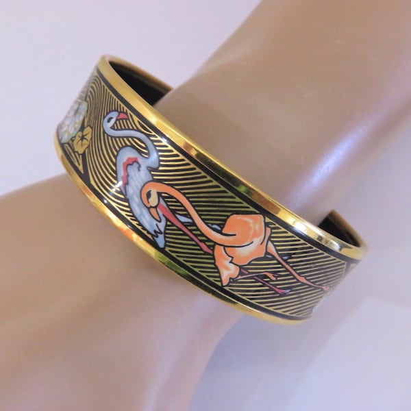 Vintage MICHAELA FREY Bird Bangle Bracelet, 24ct Gold Black Blue Pink Peach Orange Salmon Enamel, Signed, Tropical Egret, Austria (L236)