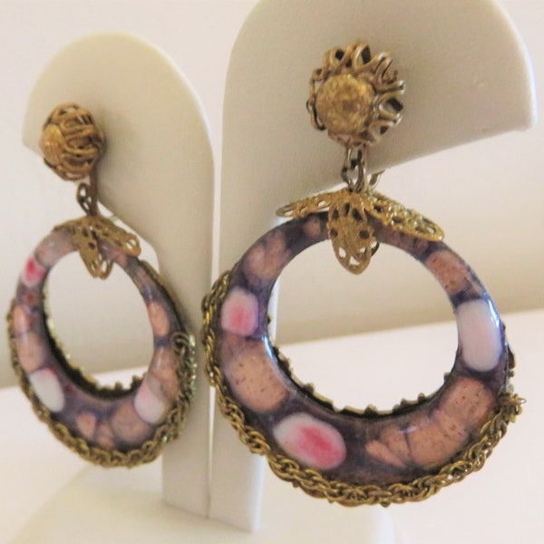 Outstanding Miriam HASKELL Vintage Large Hoop Dangle Signed CLIP-ON Earrings, Gold-Tone Filigree & Chain, Encased Treasures Circle (R561)