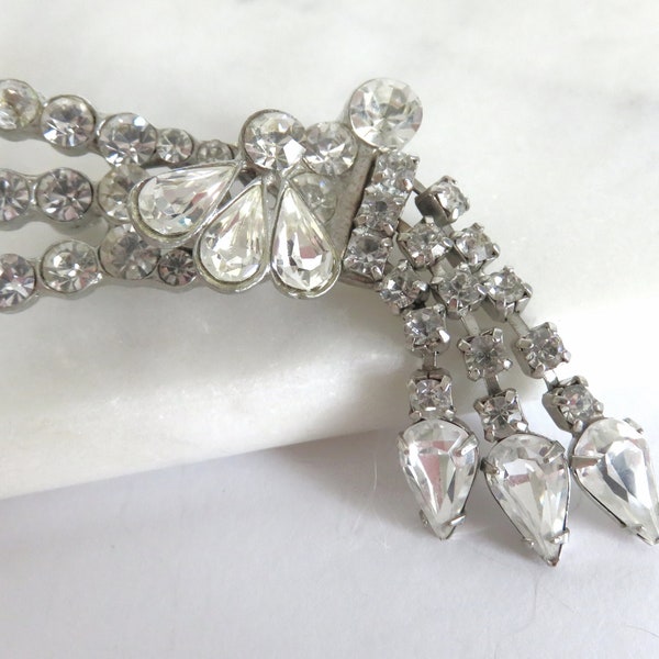 Vintage POMERANTZ Clear Rhinestone Dangle Brooch, Art Deco Style, Signed, Teardrop & Round Ice Crystal, Silver Tone, Chain Drop (H867)