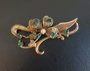 ANTIQUE Vintage Irish Sword Shamrock Bird Brooch, Green Rhinestone, Faux Pearl, Gold Tone Metal, Old Unique St. Patrick Unusual Pin (P225)