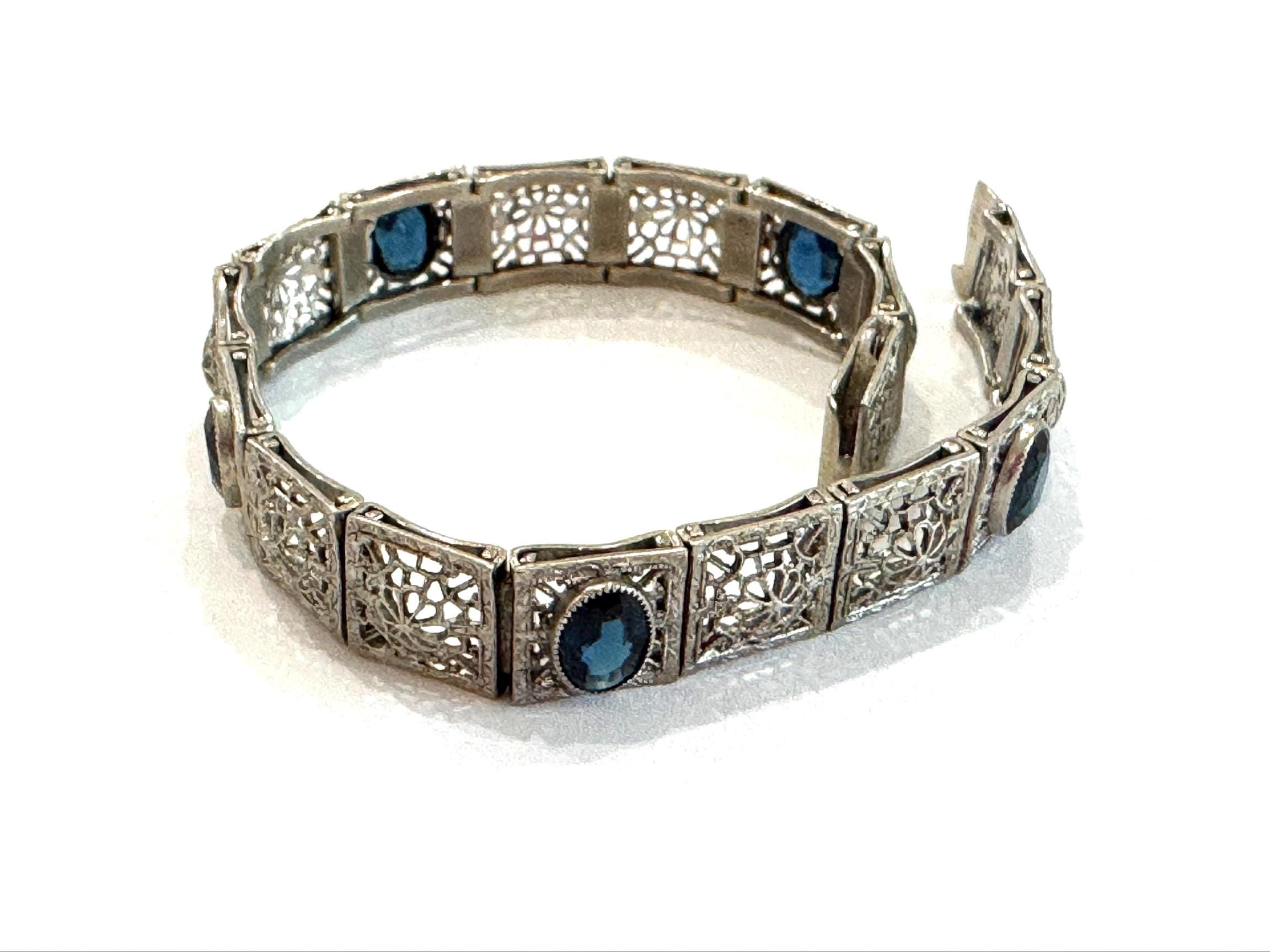 Antique A&Z Art Deco Filigree Link Bracelet in Silver Tone Metal