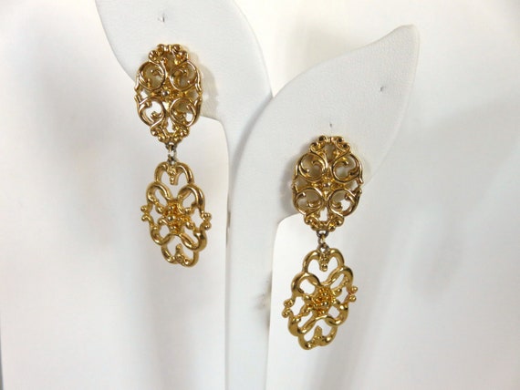 Vintage CLIP-ON Dangle Earrings with Shiny Gold T… - image 1