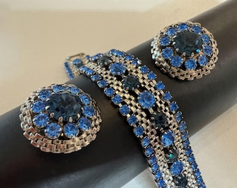 Vintage WEISS Blue Rhinestone Silver Tone Chain Bracelet & Clip Earrings Jewelry Set, Shades of Blue Designer Accessories (S68)