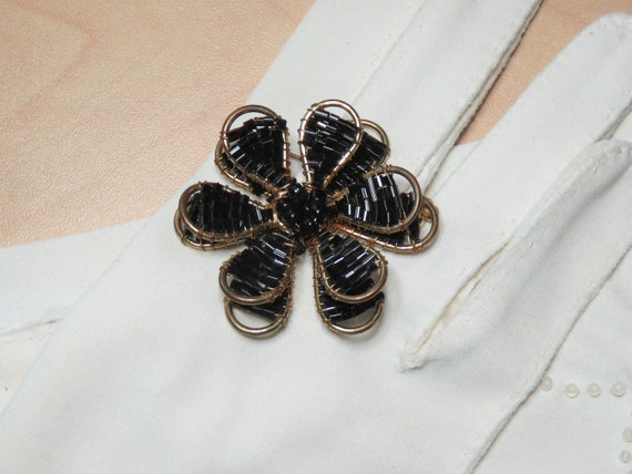 Vintage Flower Black Gold Seed Bead Wire Work Lay… - image 5