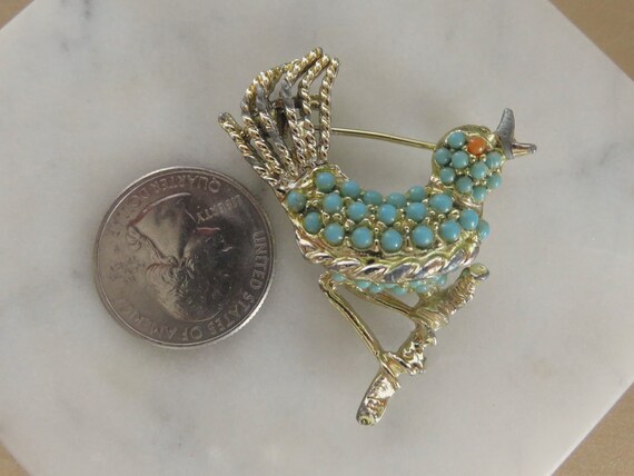 Vintage Turquoise & Coral Color Seed Bead Bird on… - image 9