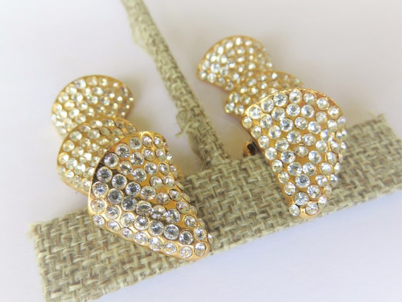 Vintage Rhinestone CLIP-ON Dangle Earrings, Gold … - image 8