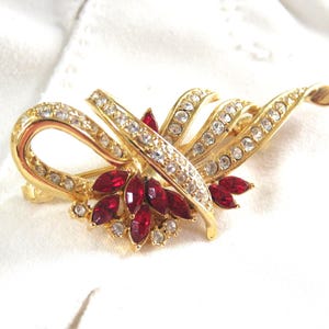 Vintage Red & Clear Rhinestone Flower Bouquet, Deep Ruby Color Crystal, Nice Ribbon Wrapped Dimension, Fancy Marquise Stone Gold Tone (H918)