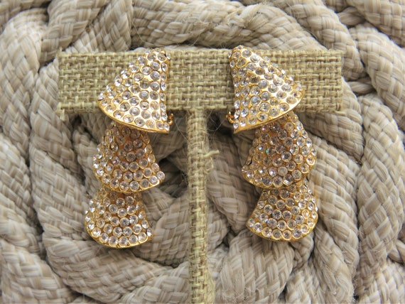 Vintage Rhinestone CLIP-ON Dangle Earrings, Gold … - image 2