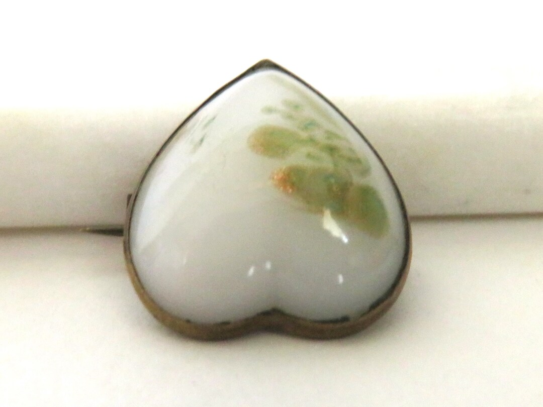 ANTIQUE Small Heart Pin Hand Painted Porcelain Green Gold Etsy