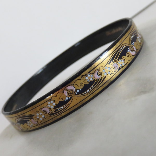 Vintage MICHAELA FREY Black Fine Gold Pink White Enameled Austria Floral Design Signed Bangle, Flowers (BV942)